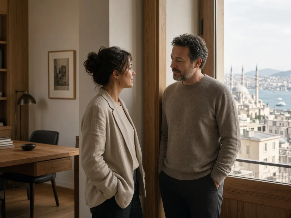 Two people talking in the doorway of a calm Istanbul office