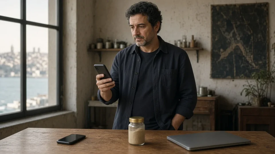 A business owner between a phone and a closed laptop