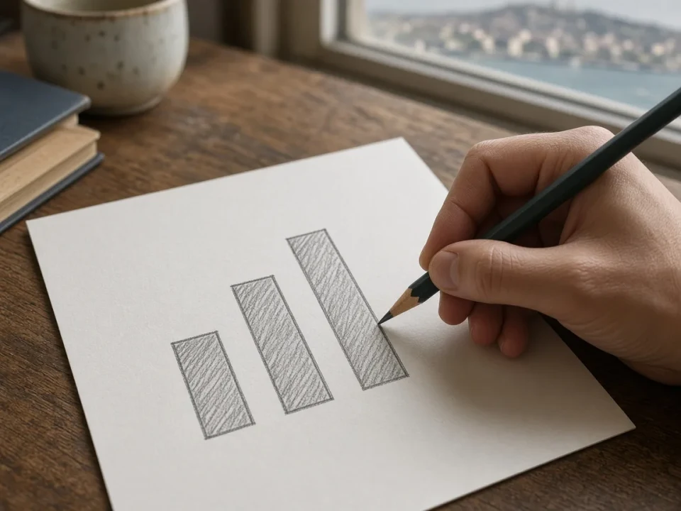 A hand drawing three unlabeled bars on paper