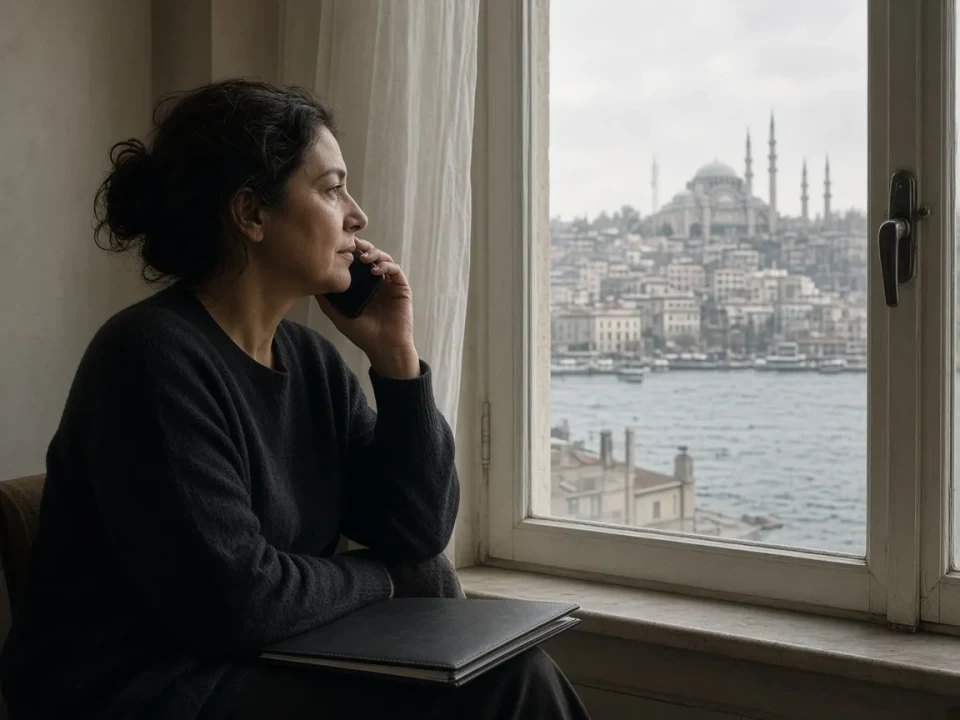 A person on a phone call with a closed folder on their lap