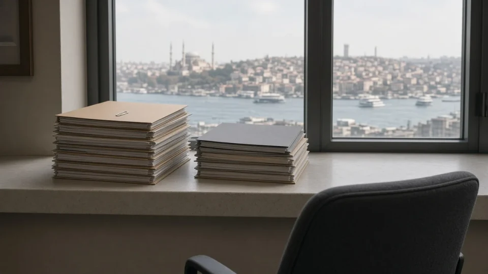 Two stacks of plain folders on an office windowsill
