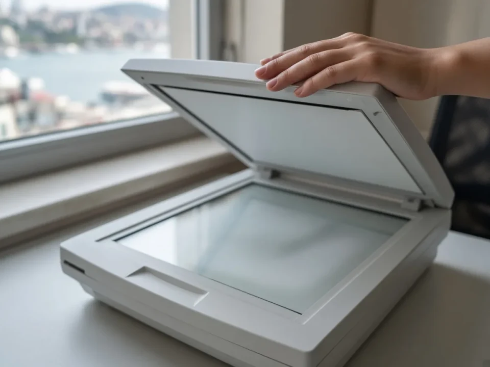 A hand opening a scanner over a blurred page