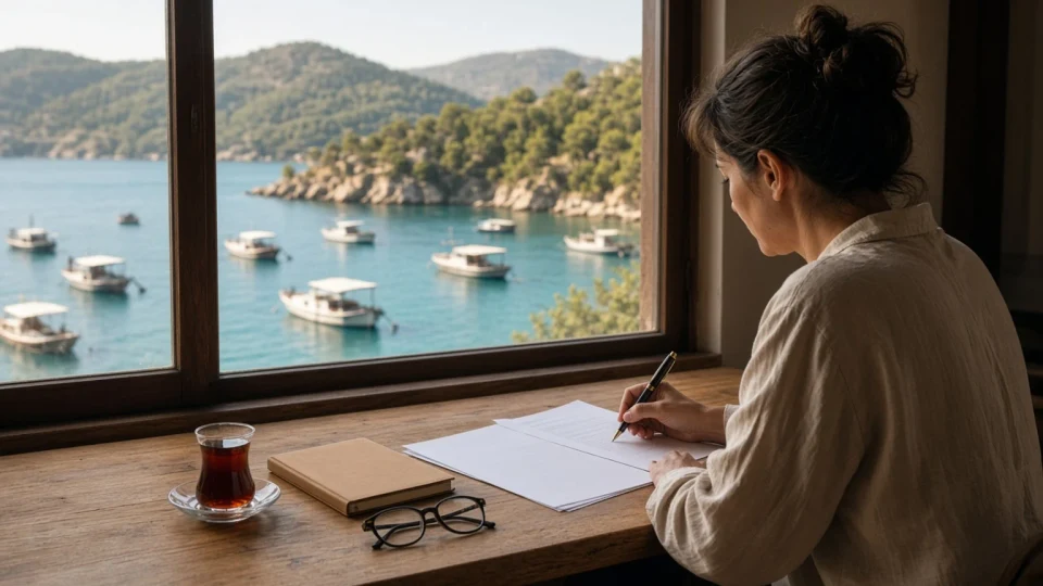 A translator at a wooden desk beside a window overlooking Fethiye harbour