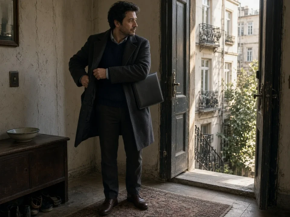 A person leaving an apartment with a closed folder