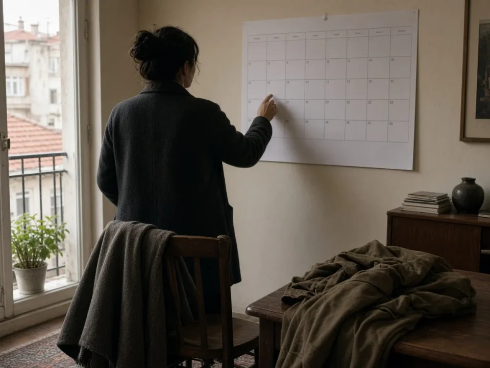 A person checking a wall calendar in an Istanbul apartment