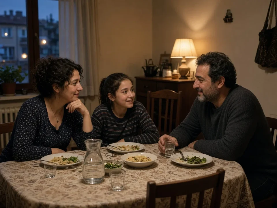 A family talking at a dining table in an Istanbul home