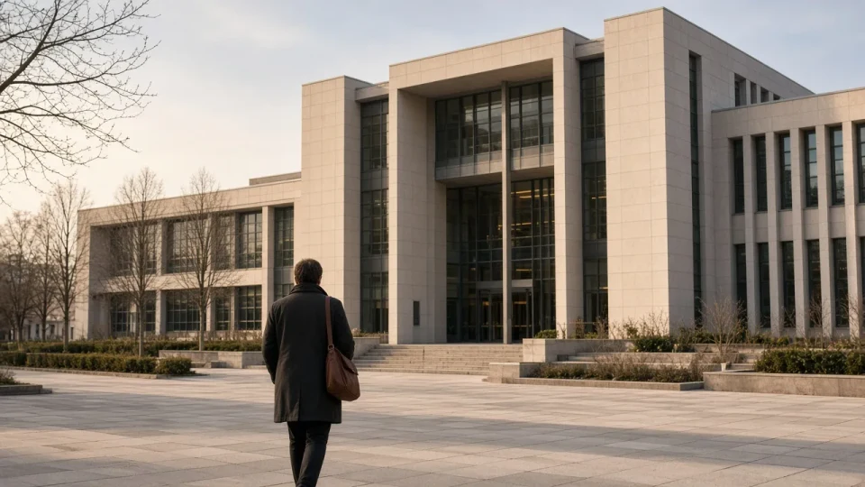 A person walking toward a public building in Ankara