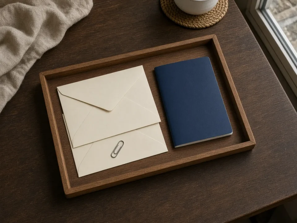 Blank envelopes and a closed passport arranged in a wooden tray