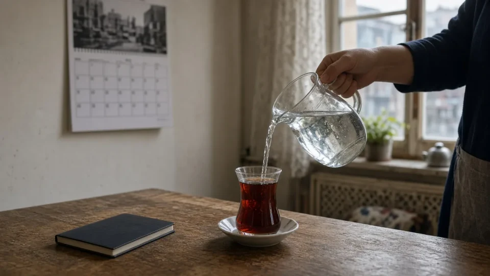 A closed passport and tea on a kitchen table in Istanbul