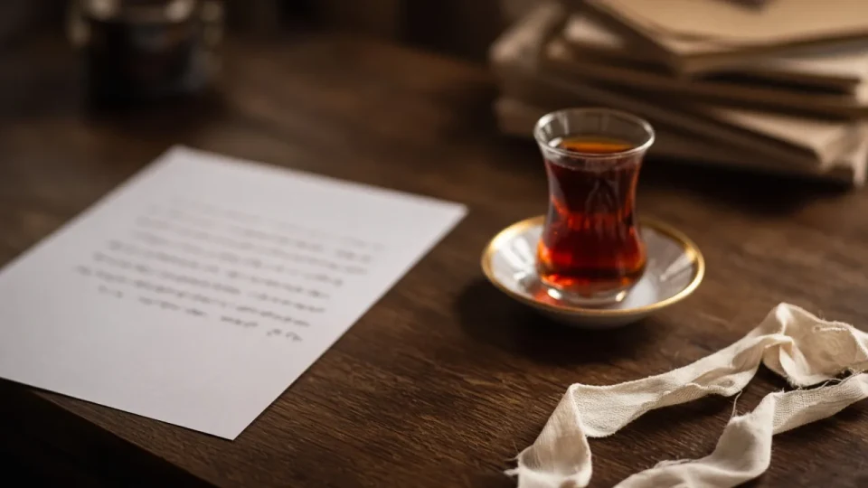 A blurred handwritten page and a tea glass on a wooden desk