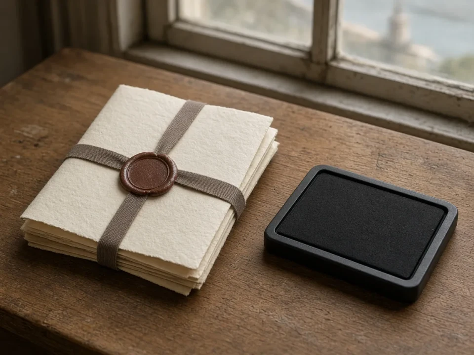 A ribboned folder and a separate ink pad on a desk