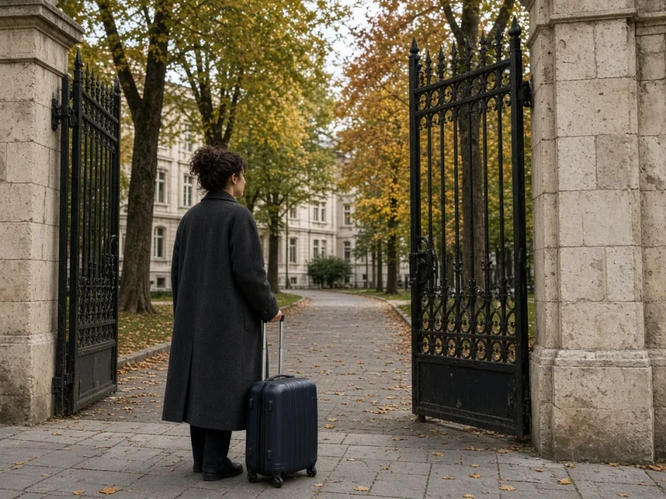 A student with a suitcase at a university gate in Türkiye