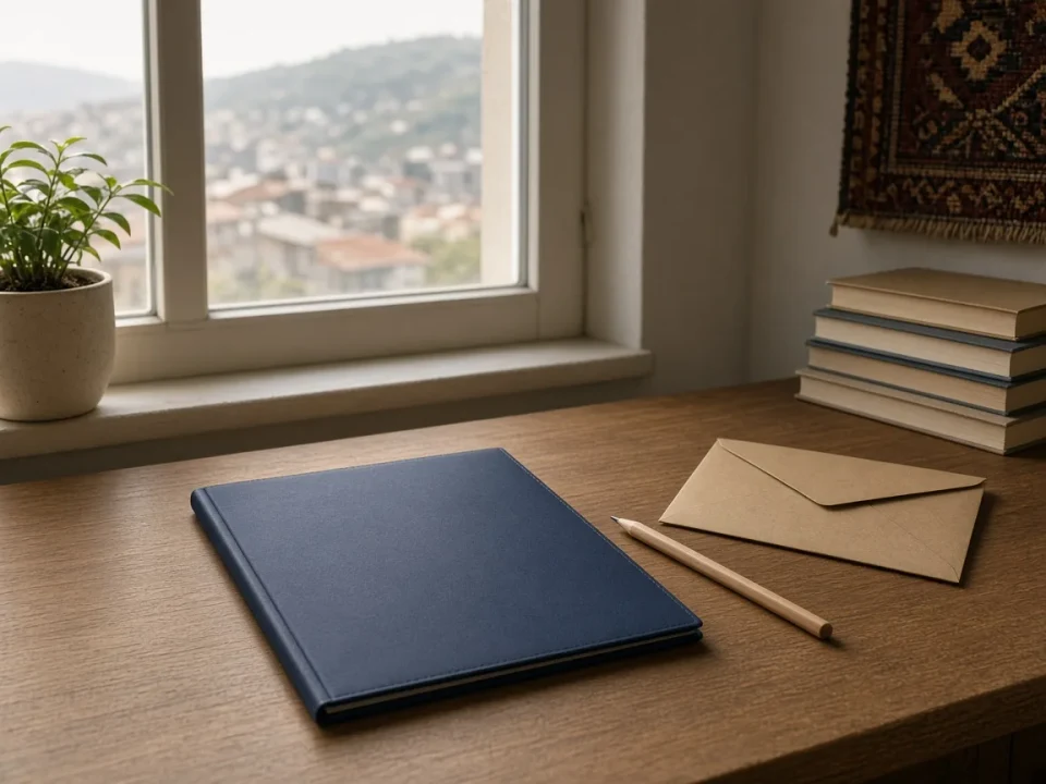 A closed diploma folder and an envelope on a desk
