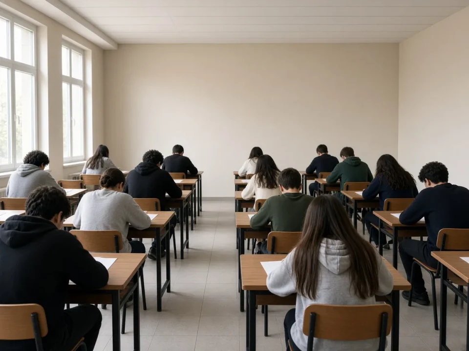 Students at spaced desks in a bright exam room