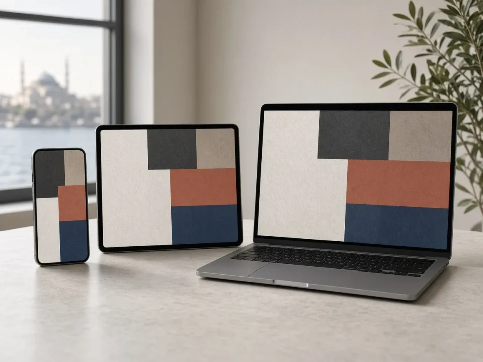 A phone, a tablet, and a laptop showing the same wordless layout