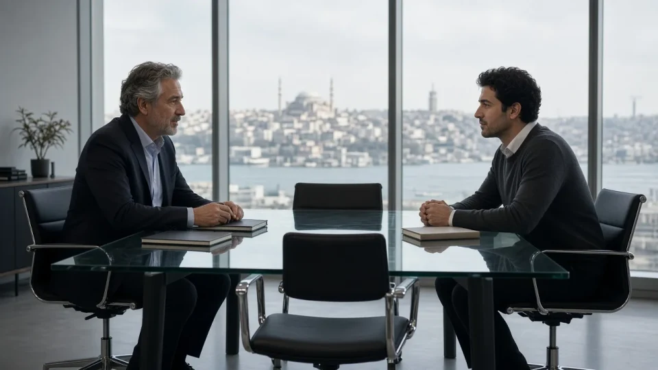 An employer and an employee talking across a glass table