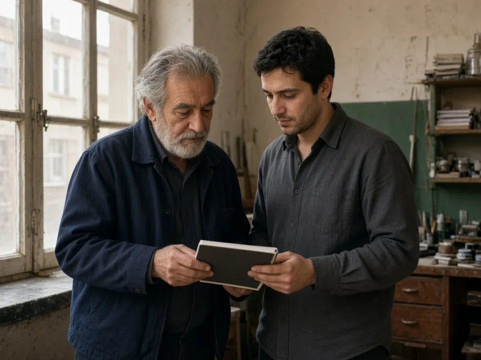 An owner and a colleague looking together at a closed notebook