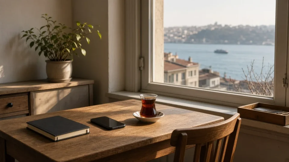 A sunlit Istanbul desk with a phone, tea, and a closed notebook