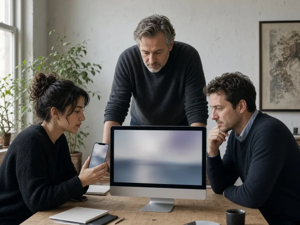 A small studio team looking at a desktop and a phone