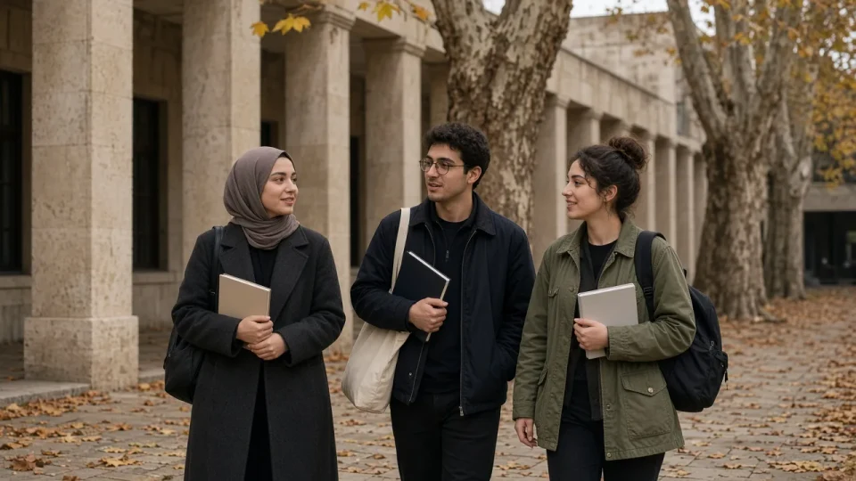 Students walking a colonnade on a university campus in Türkiye