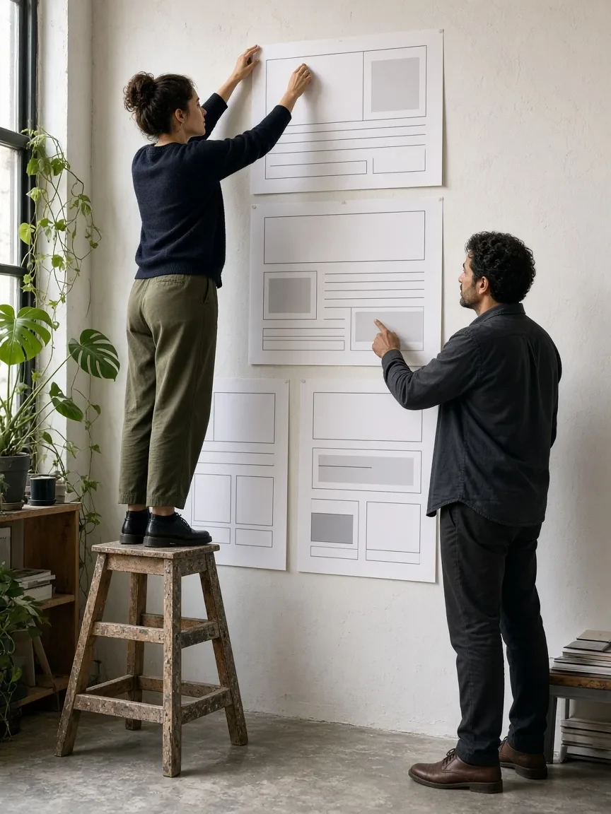 Two colleagues planning a website layout on a studio wall