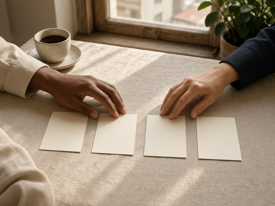 Hands arranging four blank cards in a row on a table