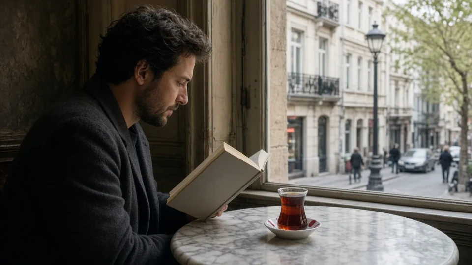 A person reading a journal in a Cihangir café