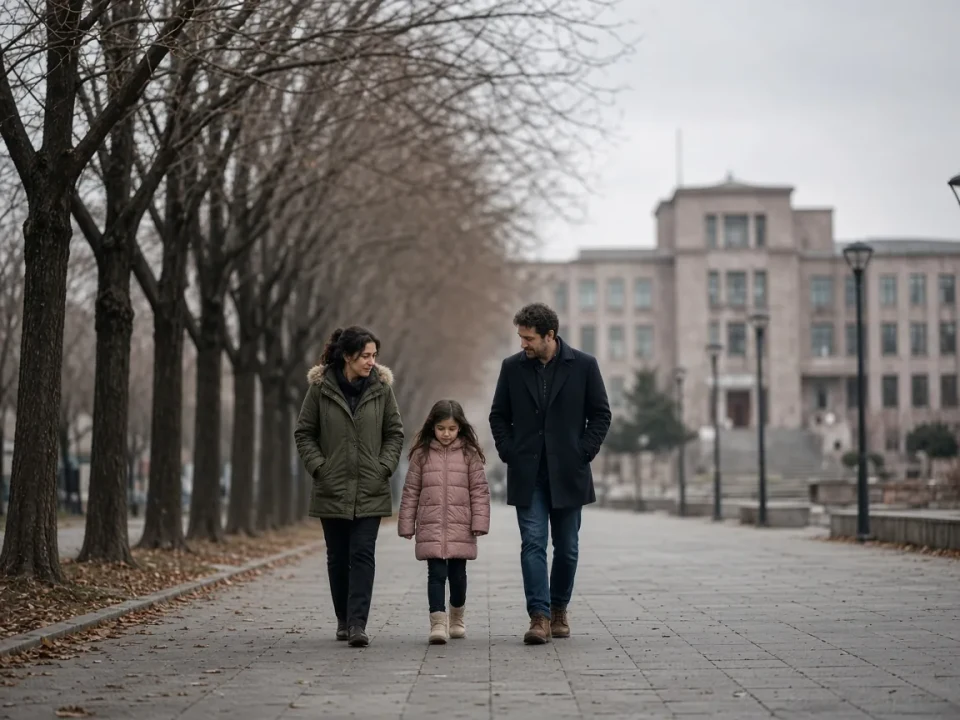 A family walking a tree-lined path in Ankara