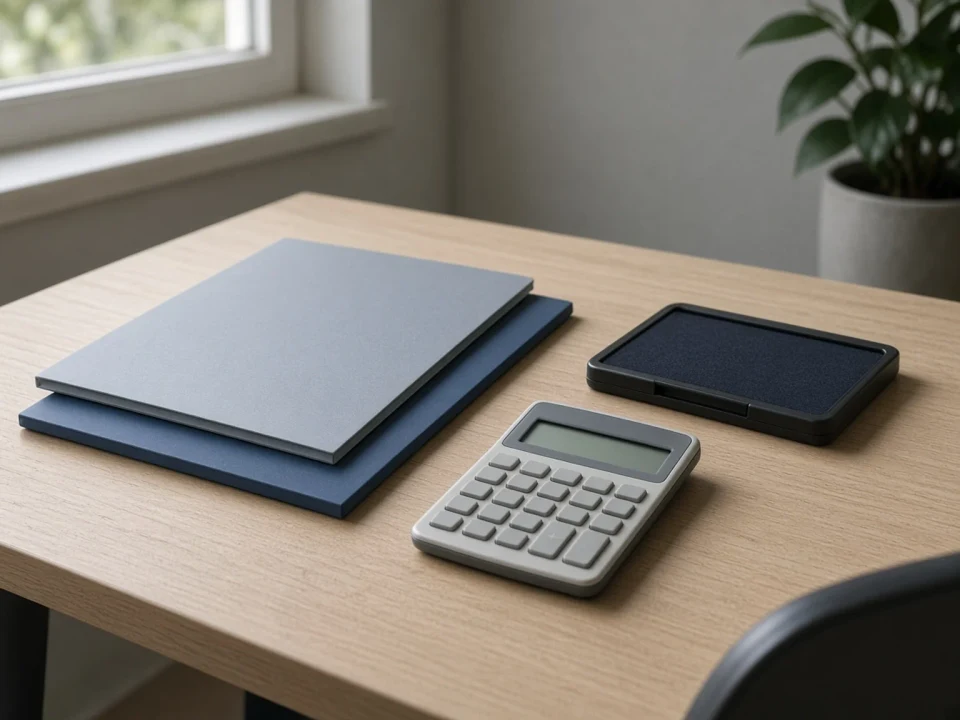 Closed folders, a calculator and an ink pad on an office desk