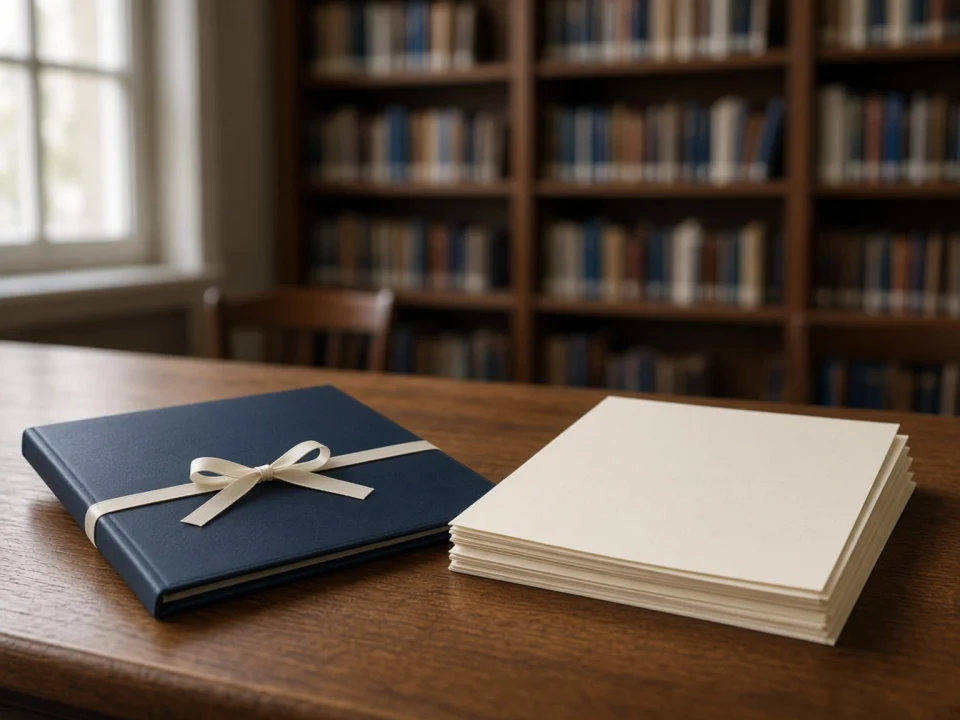 A closed diploma folder and blank pages in a quiet library