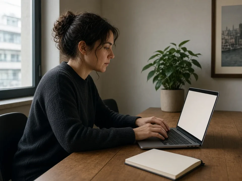 A person typing on a laptop with a blank screen in a co-working room