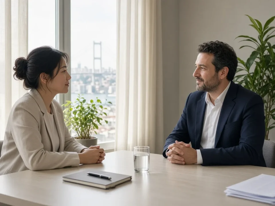 A clinician and a visitor talking in a bright Istanbul clinic
