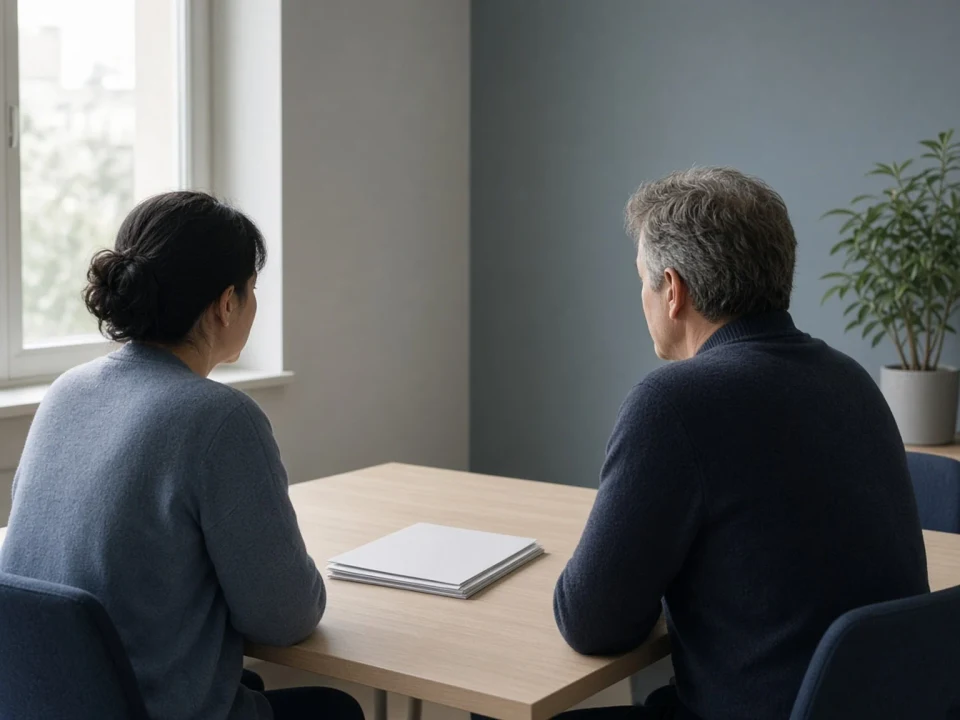 Two people talking across a table in a quiet office