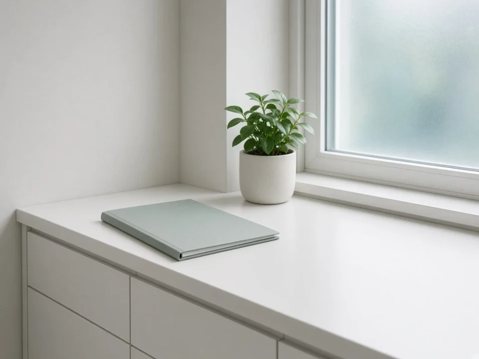A closed folder on a bright clinic counter beside a plant
