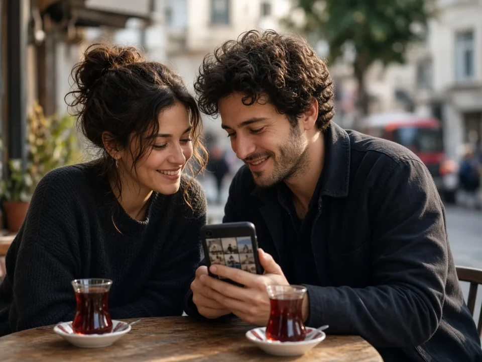 Two people looking at a phone together on an Istanbul terrace