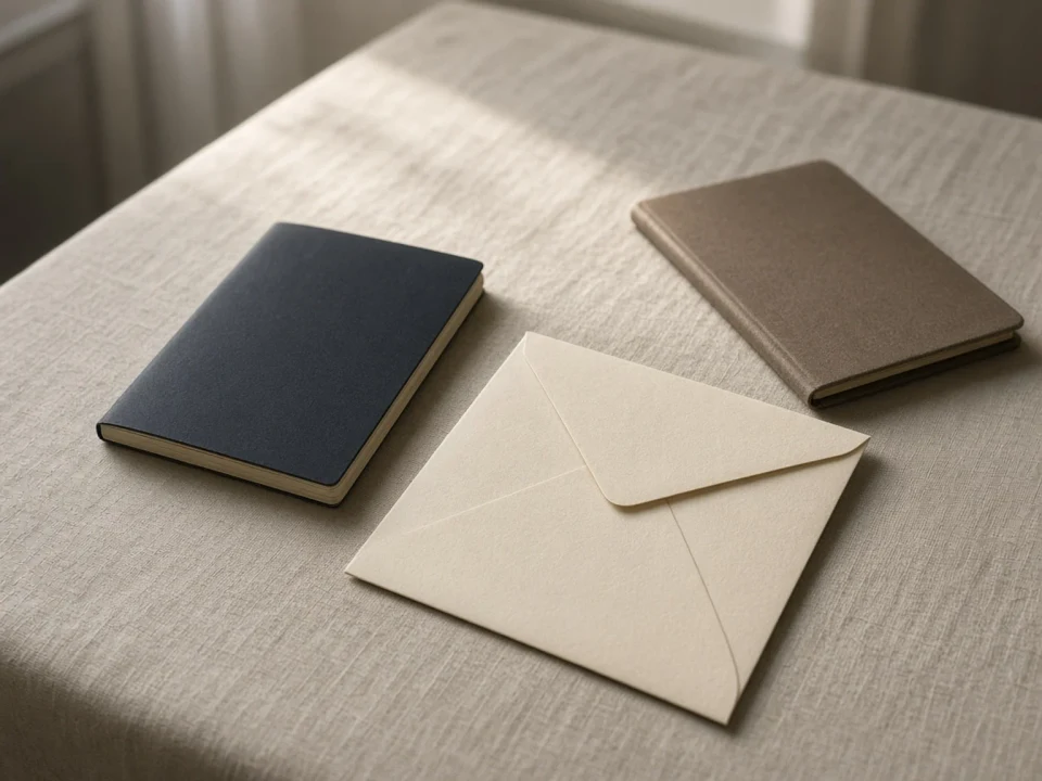 A closed passport and a cream envelope on a linen cloth