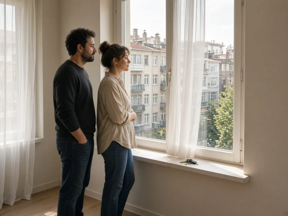 A couple looking around a sunlit apartment in Istanbul