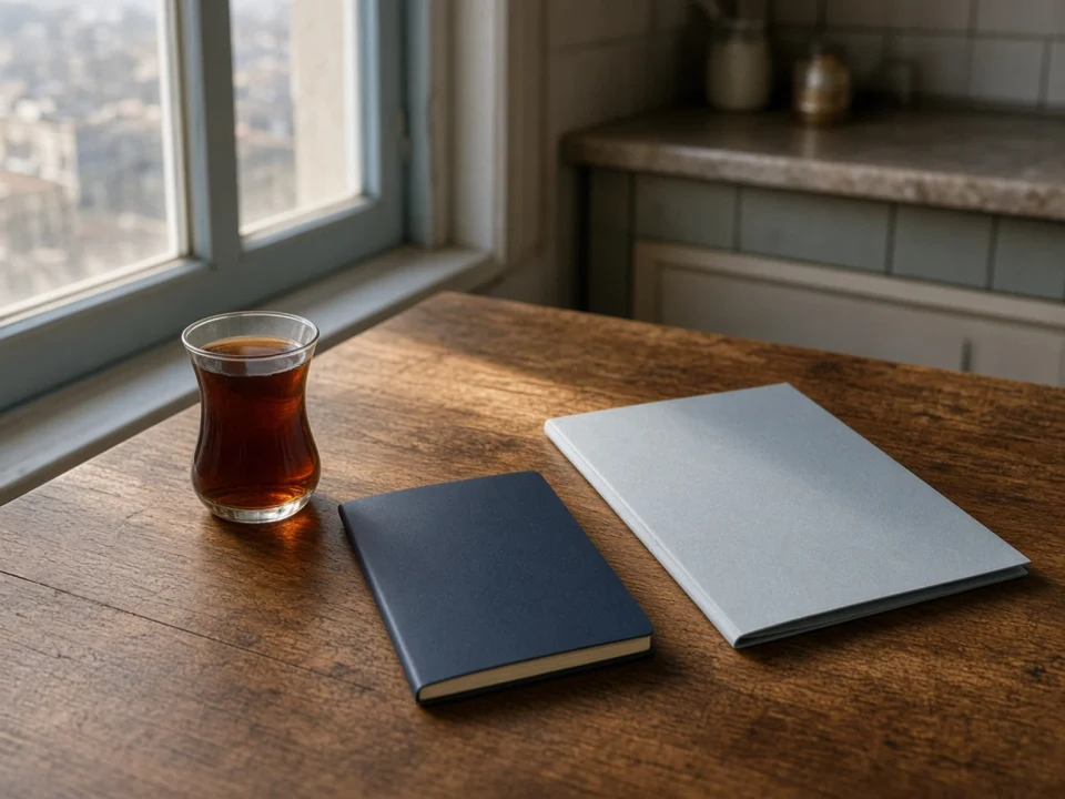 A closed passport, a folder and tea on an apartment table