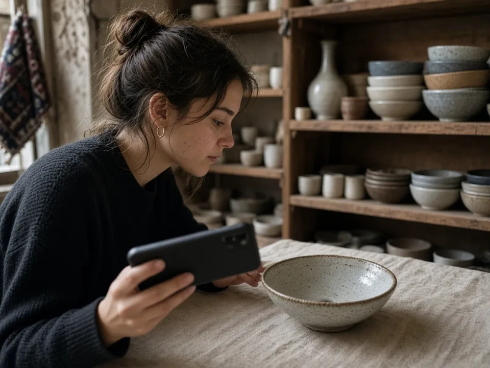 A shop owner photographing a ceramic bowl in Istanbul