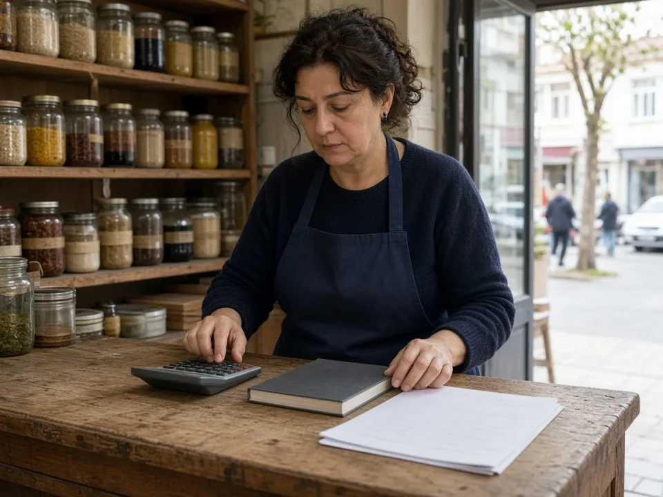 A shopkeeper with a calculator and blank forms at a counter in Kadıköy