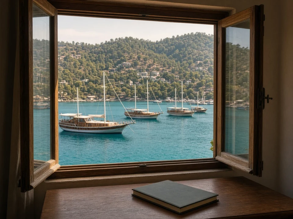 A desk by a window looking onto wooden boats in a calm harbour