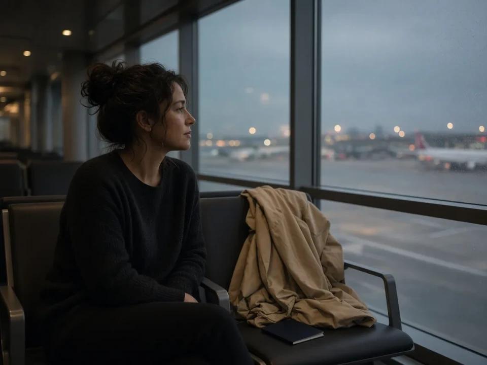 A traveler waiting beside a window at Istanbul Airport