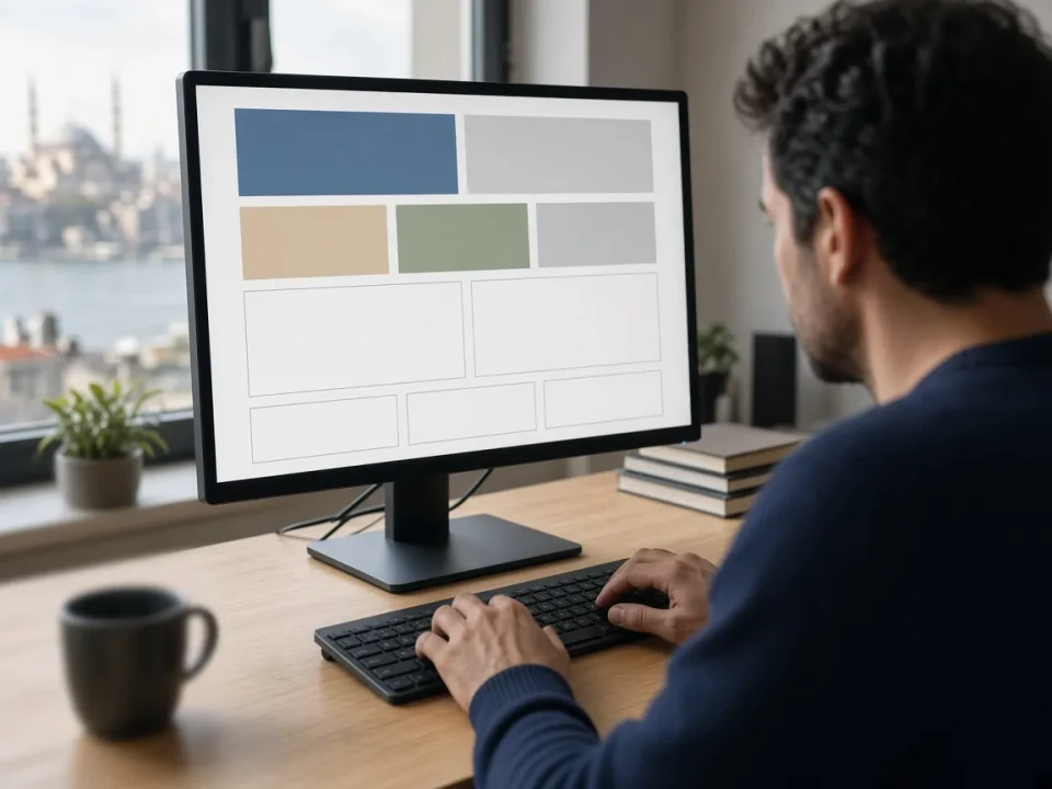 A designer building a wordless page layout on a monitor