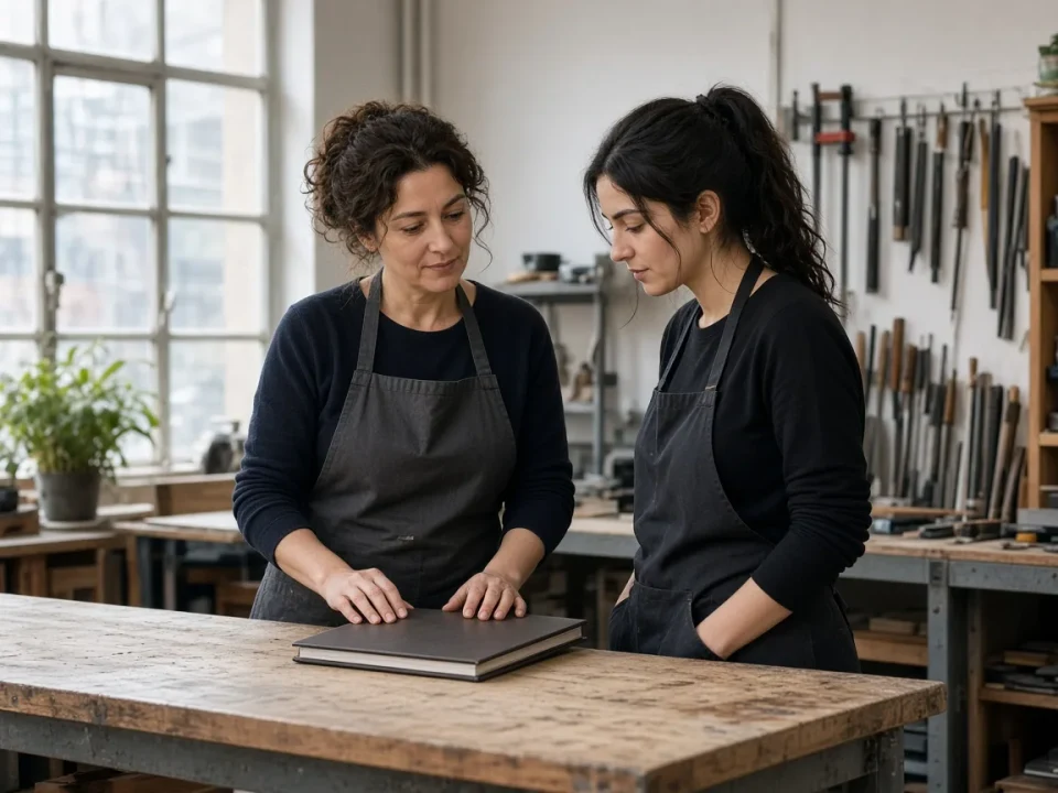 A workshop owner and an employee talking over a closed folder