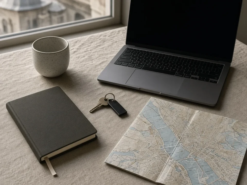 A notebook, a closed laptop, a key, and a folded map on a table