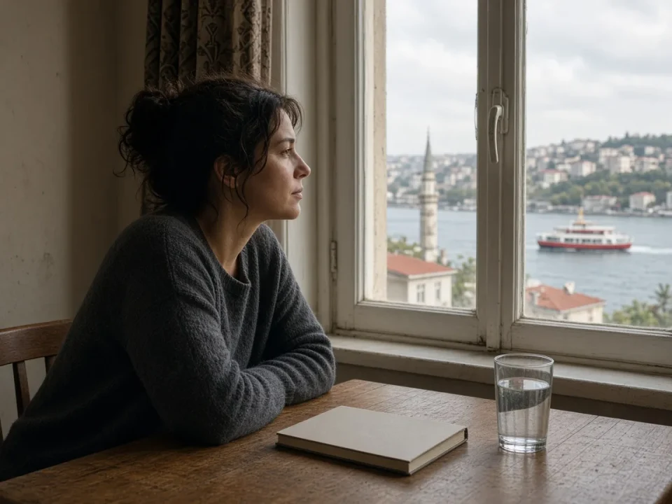 A person sitting with a closed notebook by a window in Üsküdar